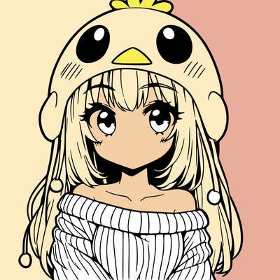 anime girl with chick shaped hat with sweater with bare shoulders with bangs covering them one eye with low tail