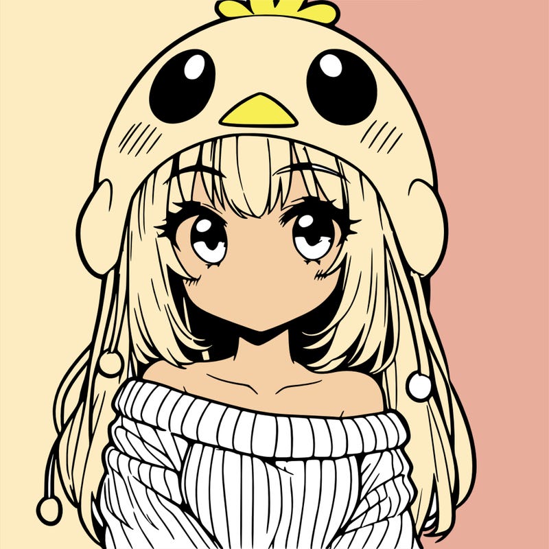 anime girl with chick shaped hat with sweater with bare shoulders with bangs covering them one eye with low tail