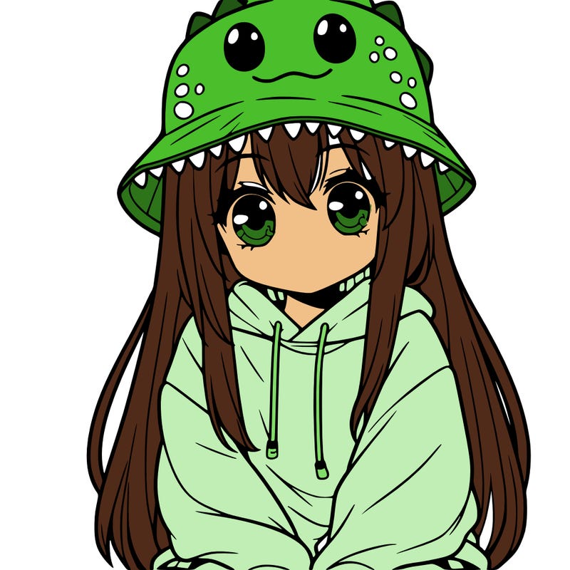 girl with anime shaped eyes with a dinosaur bucket hat oversized sweatshirt long straight hair