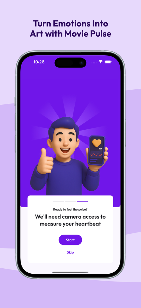 Screen from Movie Pulse app requesting camera access to measure heartbeat with a 3D character illustration.