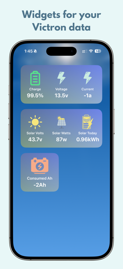 AmpWidgets - iPhone home screen displaying battery charge solar yield and energy consumption widgets from AmpWidgets