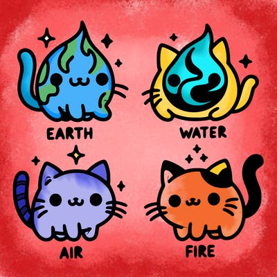 4 cats that represent the different elements, earth, water, air, and fire