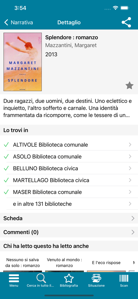 BinP - Captura de pantalla de la aplicación de biblioteca BinP que muestra detalles del libro y disponibilidad en las bibliotecas del Véneto.