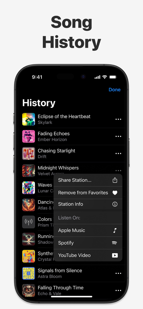 Radio Player FM Live X Radddio - Pantalla del historial de canciones de la aplicación Radddio mostrando opciones para reproducir en Apple Music y Spotify