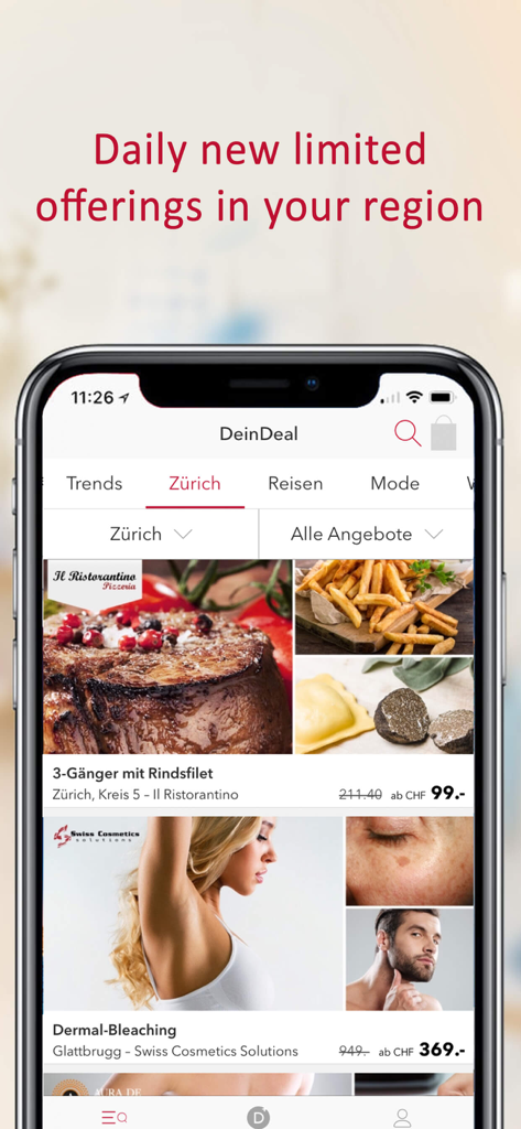 Oberfläche der DeinDeal-App, die tägliche begrenzte Angebote für Gourmet-Lebensmittel und Schönheitsdienstleistungen zeigt