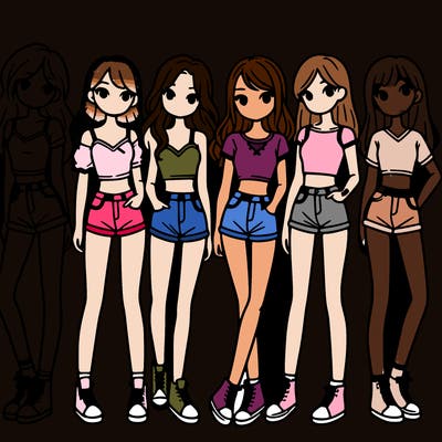 a group of girls wearing crop tops and shorts