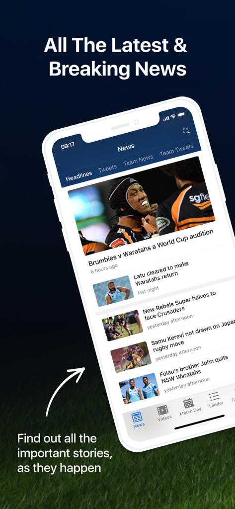Interfaccia dell'app Union Live che mostra notizie e titoli sul rugby su un telefono cellulare