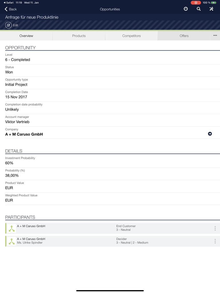 CRMpad Legacy - Opportunity details screen in CRMpad Legacy for iPad showing sales status and participants.