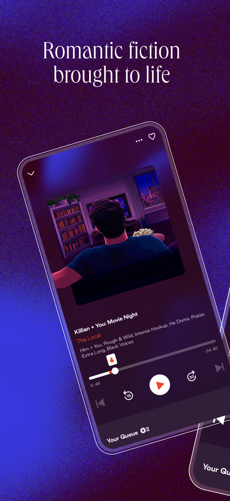 Dipsea app interface showing an audio player for a romantic fiction story with a movie night theme.