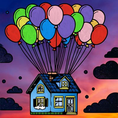 house floating from lots of balloons