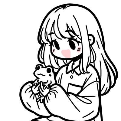 girl with long hair and a oversized shirt. and she is holding a frog