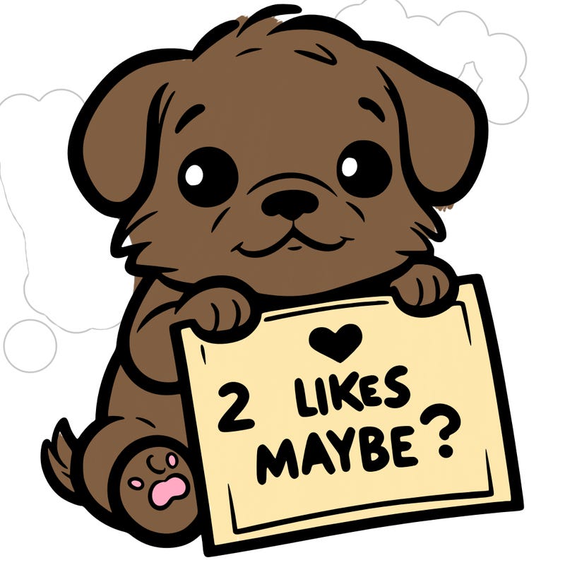 a puppy holding a sign that says 2 likes maybe?