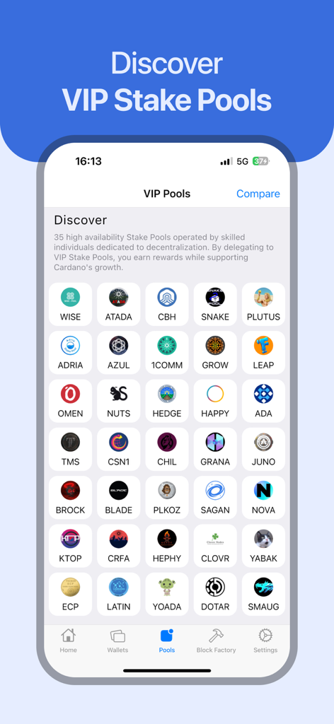 ADAM Cardano app interface showing a grid of VIP stake pools for ADA staking