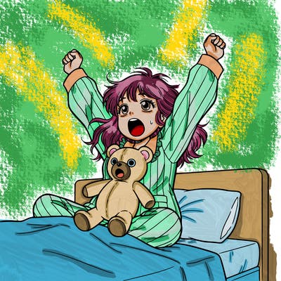 a girl yawning  looking sleepy and wearing pj's and holding a teddy bear