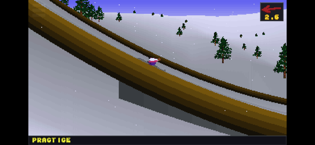 Gráficos pixelados retro que muestran a un saltador de esquí en la rampa de lanzamiento en Deluxe Ski Jump 2