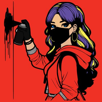 realistic girl with mask spray painting a wall