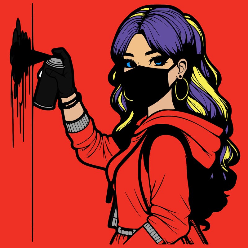 realistic girl with mask spray painting a wall