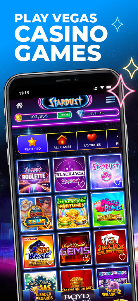 A smartphone displaying the Stardust Social Casino game lobby with various slots and table games including Roulette and Blackjack