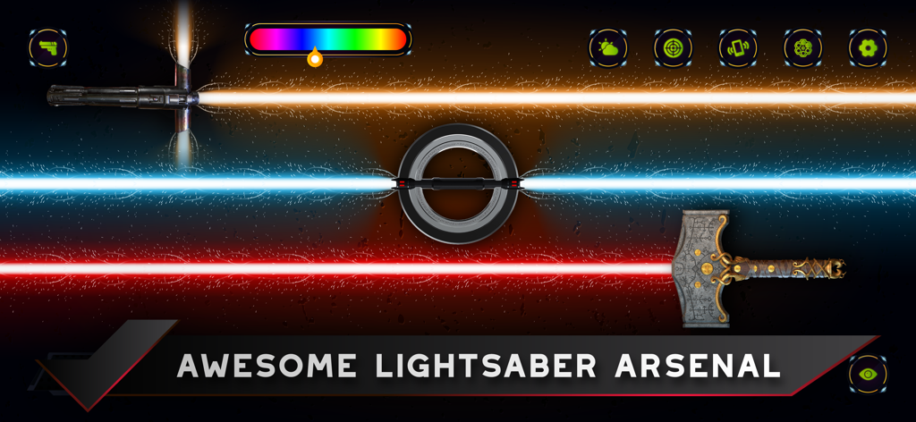Real Gun Sounds Simulator. - Impresionante arsenal de sables de luz con varios diseños de espadas láser y colores brillantes en la interfaz de la aplicación simuladora.
