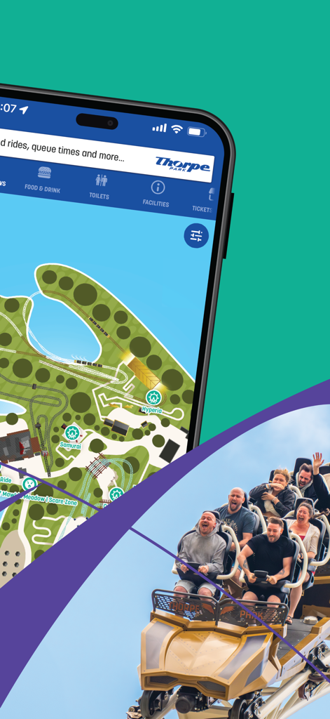 THORPE PARK – Official - Thorpe Park official app displaying an interactive theme park map with ride locations