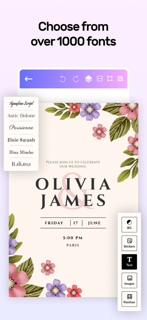 Invitation Card Design Maker - Mobile app interface showing font selection for a wedding invitation card