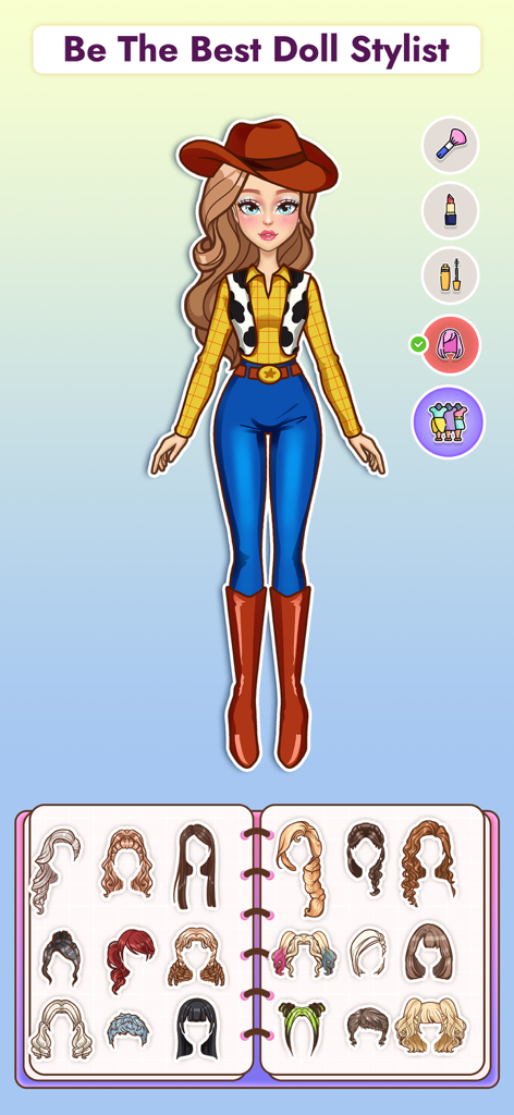 Muñeca de papel vestida como vaquera con una selección de peinados en un libro silencioso digital