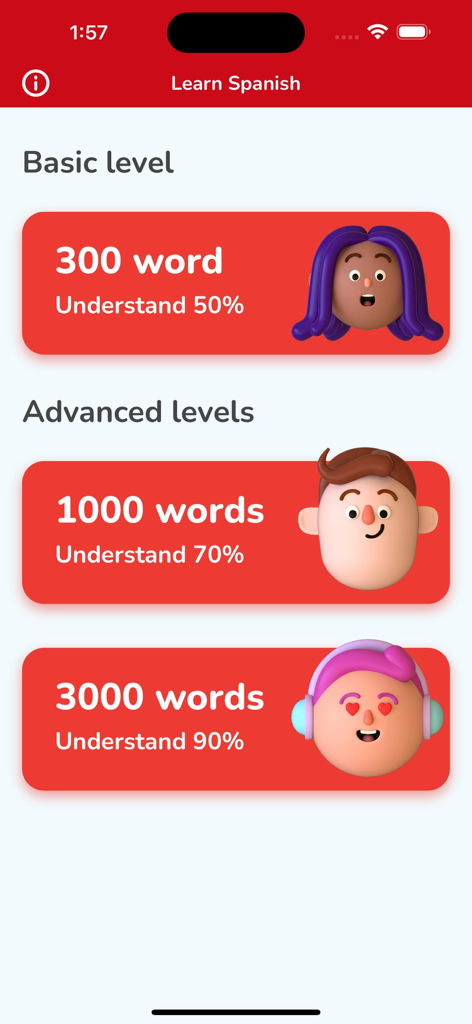 Learn Spanish: How to Speak - Pantalla de la aplicación móvil mostrando niveles básicos y avanzados para aprender vocabulario en español