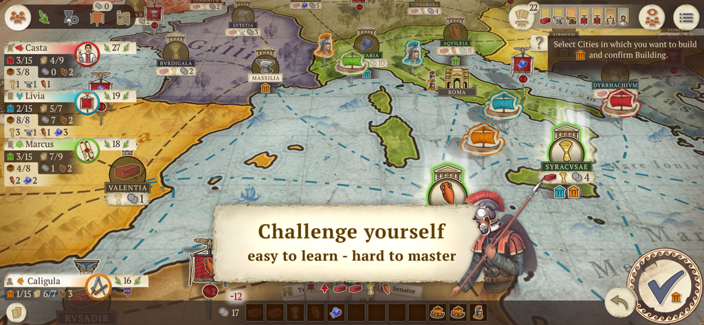 Concordia: Digital Edition - Captura de pantalla del juego Concordia Digital Edition que muestra un mapa estratégico de la Antigua Roma con estadísticas de jugadores y recursos comerciales
