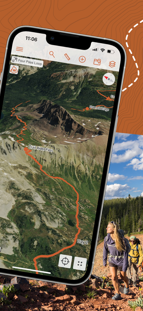 CalTopo: Backcountry Mapping - CalTopo app displaying a 3D terrain map with a marked hiking route and hikers in the background