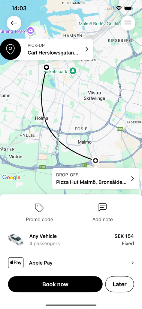 Taxi 97 - Interfaz de reserva de la aplicación Taxi 97 con una ruta de mapa y estimación de precio en Malmö