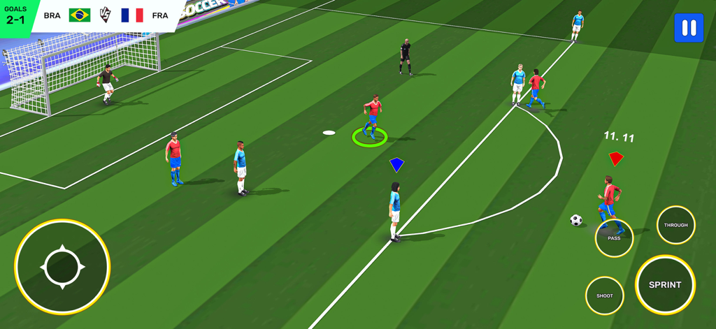 Mobile gameplay of a soccer match between Brazil and France in Football Game 2025