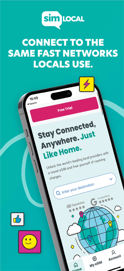 Interface do aplicativo Sim Local para planos de dados eSIM de viagens internacionais com cobertura de rede global
