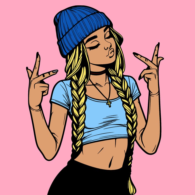 realistic teenage girl with braids and a beanie and crop top doing 🫶🏼