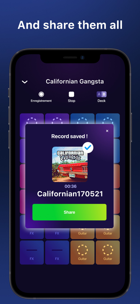 Beat Looper Pro - Music Maker - Beat Looper Pro app interface showing a saved music recording with a prominent share button
