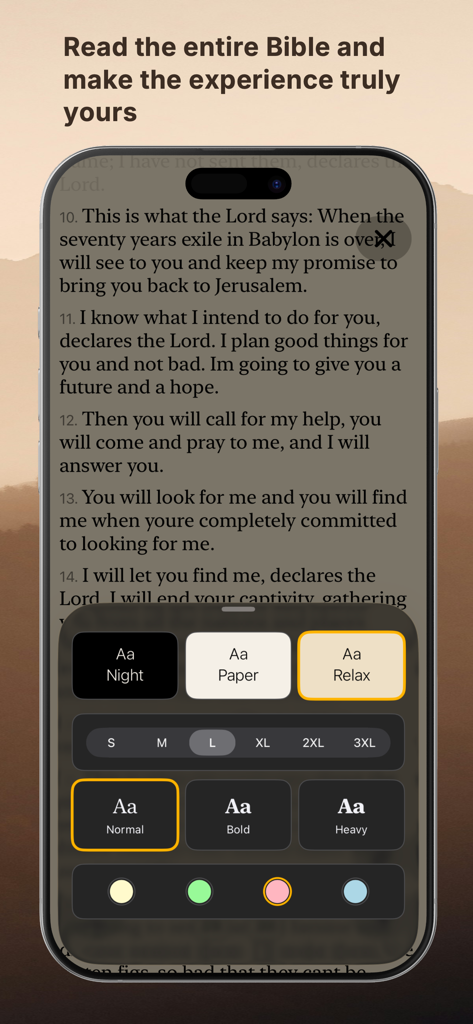 Menu de personnalisation dans l'application Bible AI montrant la taille de la police, le thème et les options de surlignage.