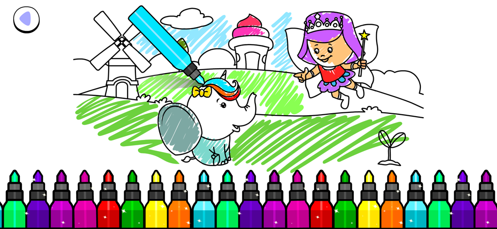 Digital coloring page featuring a fairy elephant and colorful markers