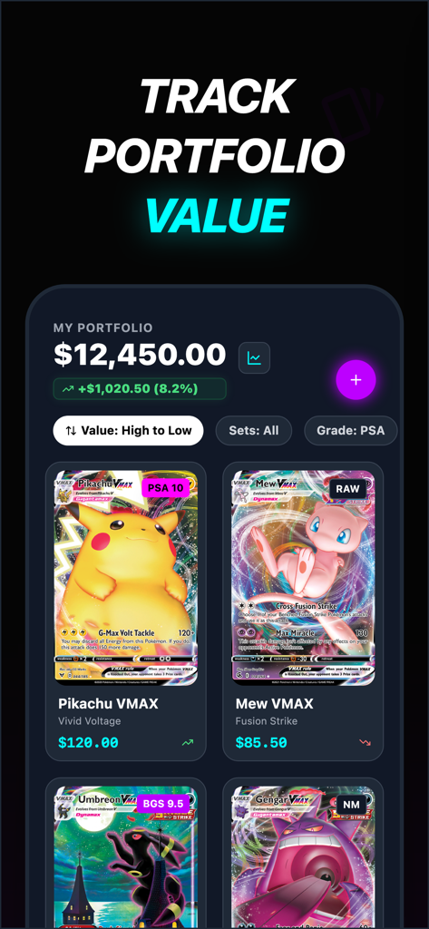 TCG Card Scanner・Collector - A digital portfolio management screen showing the total value of a Pokemon card collection with specific card prices and condition grades.