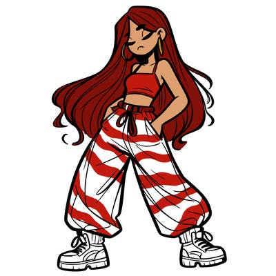 girl in baggy pants crop top and long hair