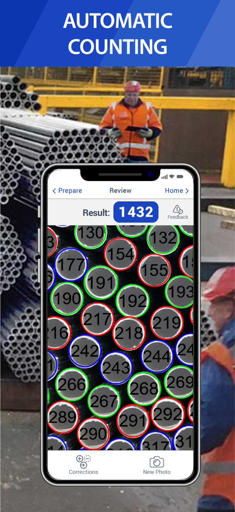 Smartphone screen showing the CountThings app automatically counting circular metal pipes in an industrial warehouse.