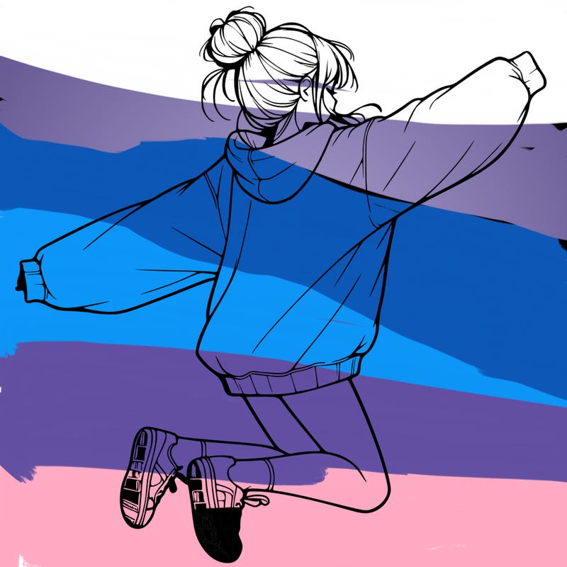 realistic girl jumping with a bun and oversized sweatshirt