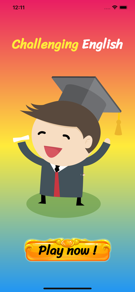 Home screen of the Challenging English app featuring a cartoon graduate character and a play button.
