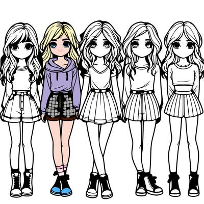 group of 6 realistic girls in a row