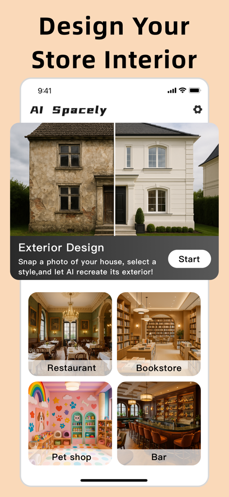 Interior Design：AI Spacely - 店舗のインテリアと住宅の外観デザインオプションを示すAI Spacelyアプリ画面。
