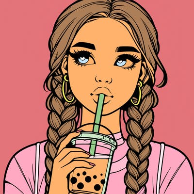 realistic girl with braided hair drinking boba