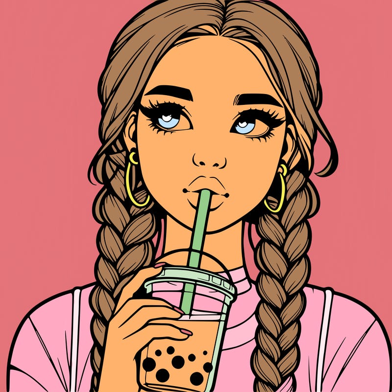realistic girl with braided hair drinking boba