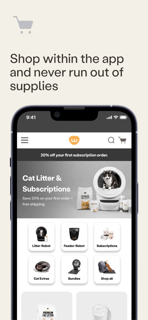 Negozio in-app dell'app Whisker che mostra forniture per animali domestici e offerte di abbonamento.