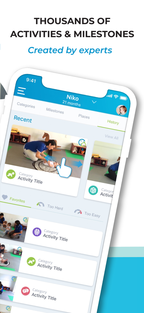 BabySparks mobile app interface displaying a library of expert-led developmental activities and milestones for children