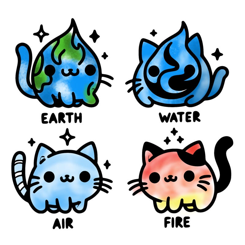 4 cats that represent the different elements, earth, water, air, and fire