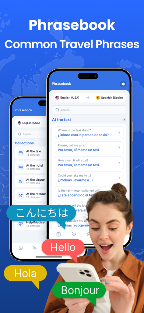 AI Translator, Voice Translate - Interface de aplicativo móvel AI Translator mostrando frases de viagem comuns para táxi, hotel e aeroporto