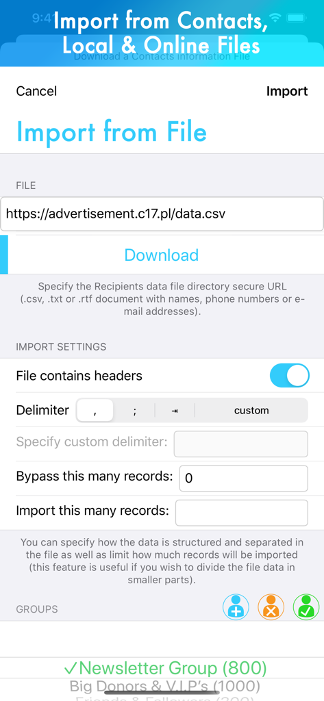 Screen for importing contact lists from a CSV file with delimiter settings in the Advertisement app